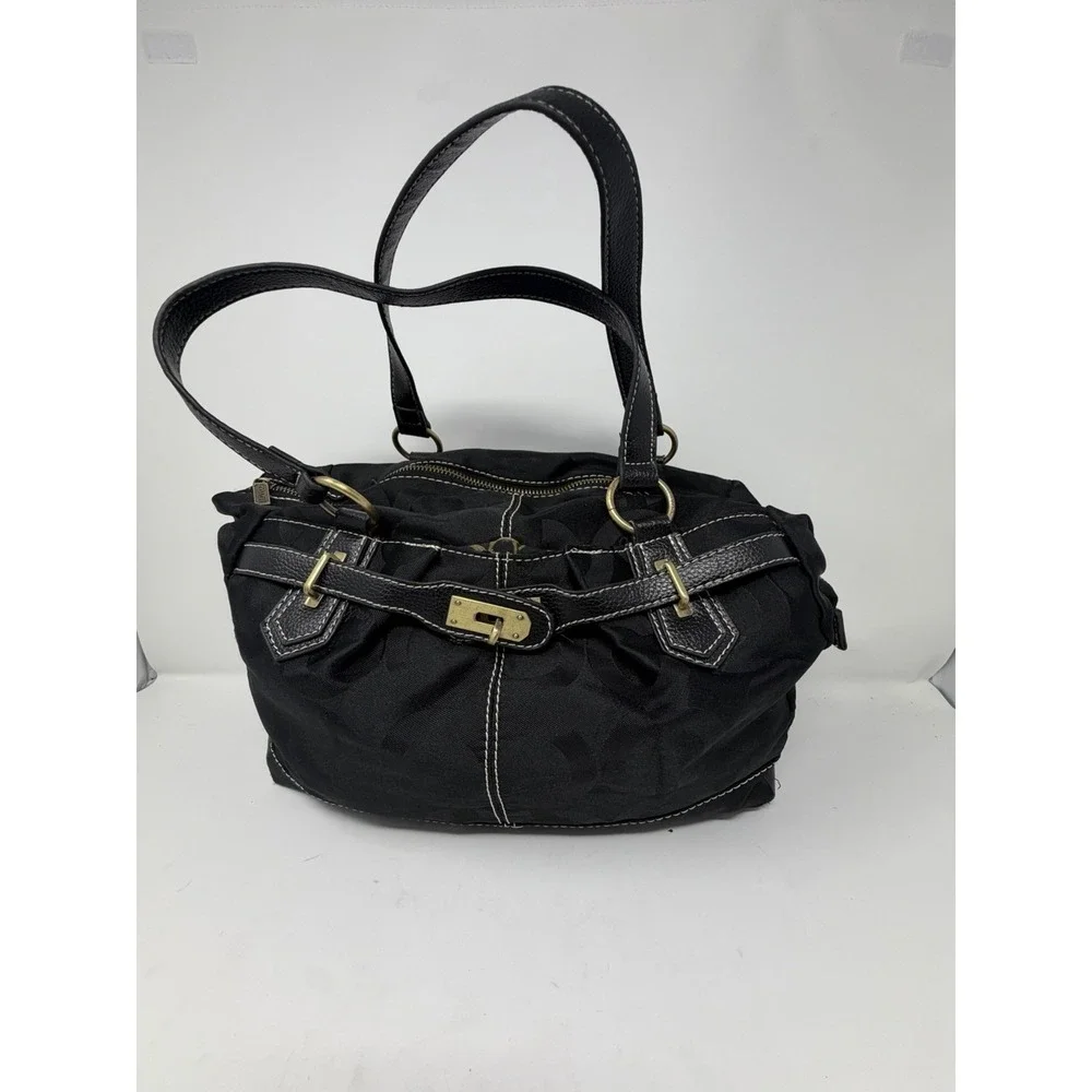 Y2K Coach Signature Black Jacquard Leather Trim Satchel Shoulder Bag